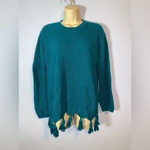Coldwater Creek Teal Sweater crew neck with zig zag Fringe Hem tunic petite med